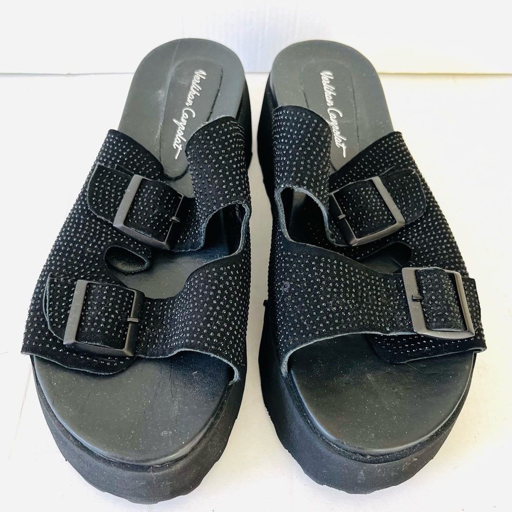 Comfortable and chic black sparkling  Sandals slides 2 adjustable Buckles US 10